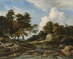 Bewaldete Flusslandschaft mit Brücke